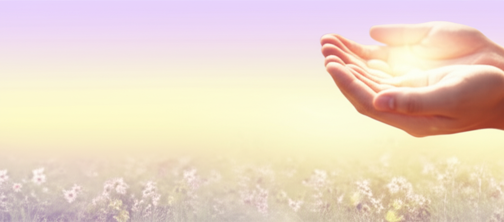 Caring hands holding a gentle light, over a soft-focus background of flowers with a pastel sky.
